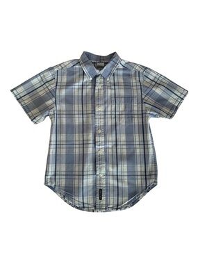 Vintage Old Navy Shirt Boys 6 Blue White Plaid Button Down Short Sleeves Curved